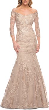 La Femme Long Lace Mermaid Gown with Off the Shoulder Top