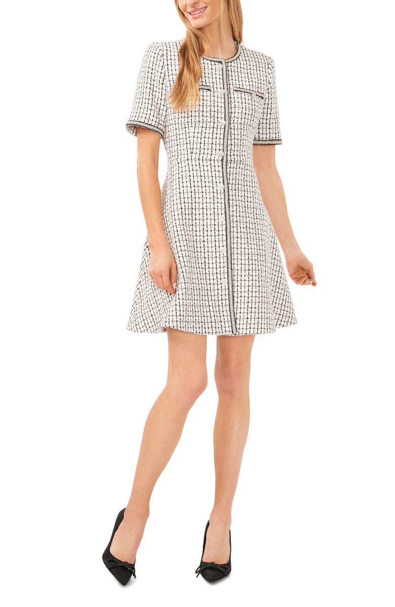 CeCe Short Sleeve Tweed Fit & Flare Dress, Main, color, 