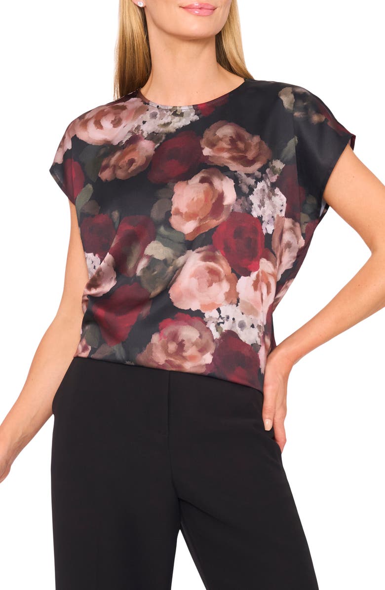 Halogen<sup>®</sup> Floral Cap Sleeve Top, Main, color, Rich Black