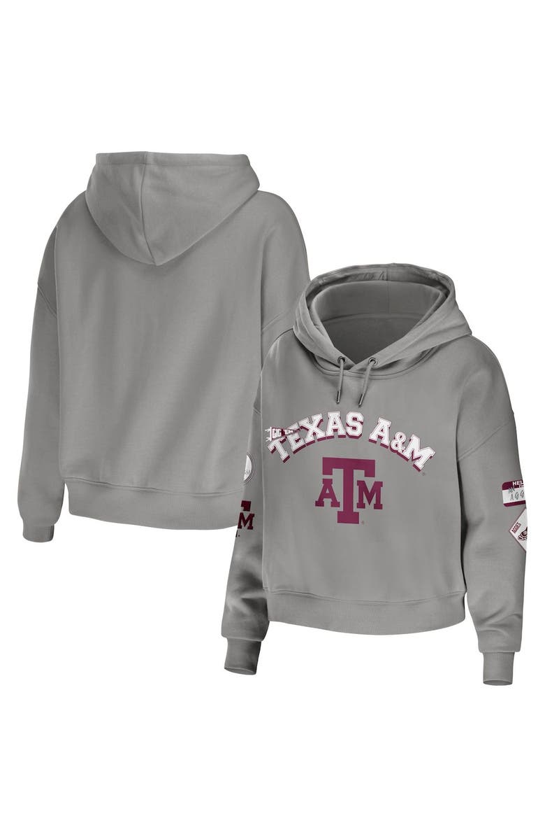 WEAR by Erin Andrews Women's WEAR by Erin Andrews Gray Texas A&M Aggies Mixed Media Cropped Pullover Hoodie, Main, color, Gray