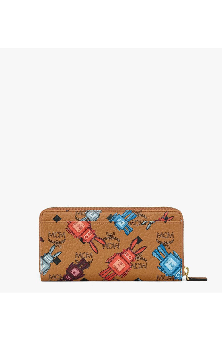 MCM Aren Zip Around Wallet in Rabot Visetos, Alternate, color, Cognac