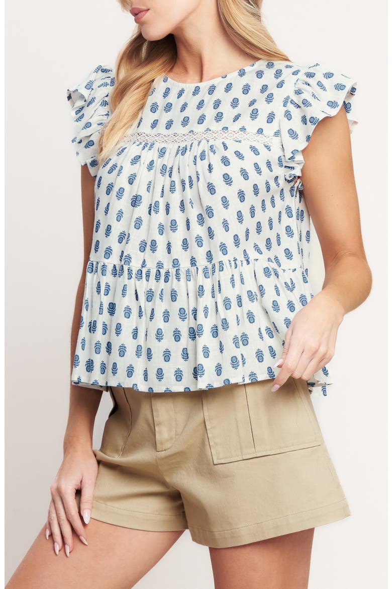 Printed Woven Top, Alternate, color, IVORY BLUE