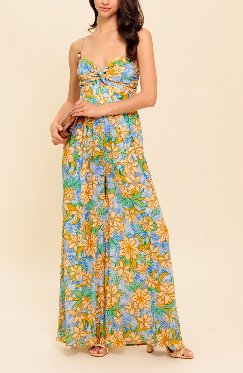 FLYING TOMATO Print Cutout Wide Leg Jumpsuit, Alternate, color, Blue