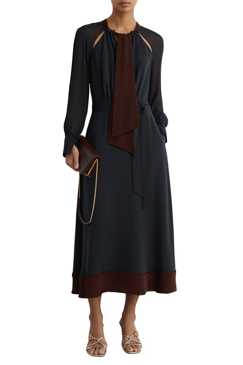 Estella Tie Neck Long Sleeve Maxi Dress, Main, color, NAVY/ BURGUNDY
