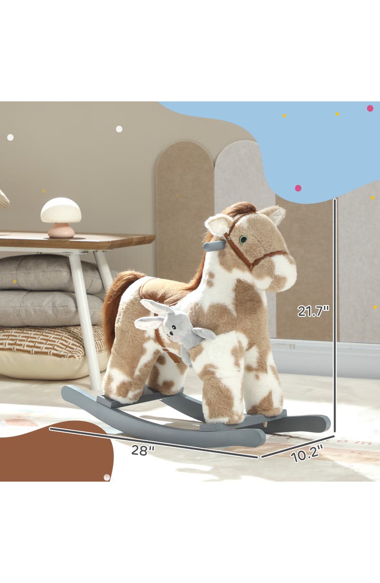 Qaba Rocking Horse Kids Plush Animal Rocker with Realistic Sound for Toddlers Soft Filling Ride on Horse with Rabbit Toy, Alternate, color, Brown