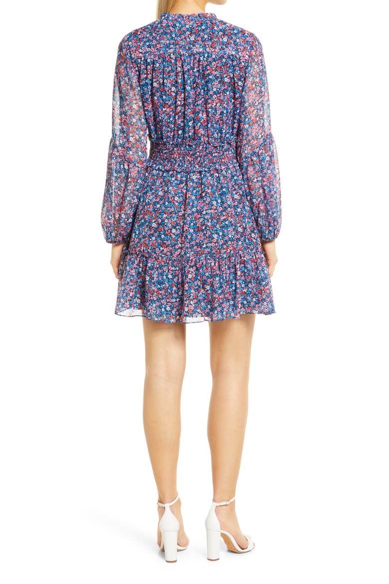 Floral Print Smocked Waist Long Sleeve Minidress, Alternate, color, BLUE MULTI