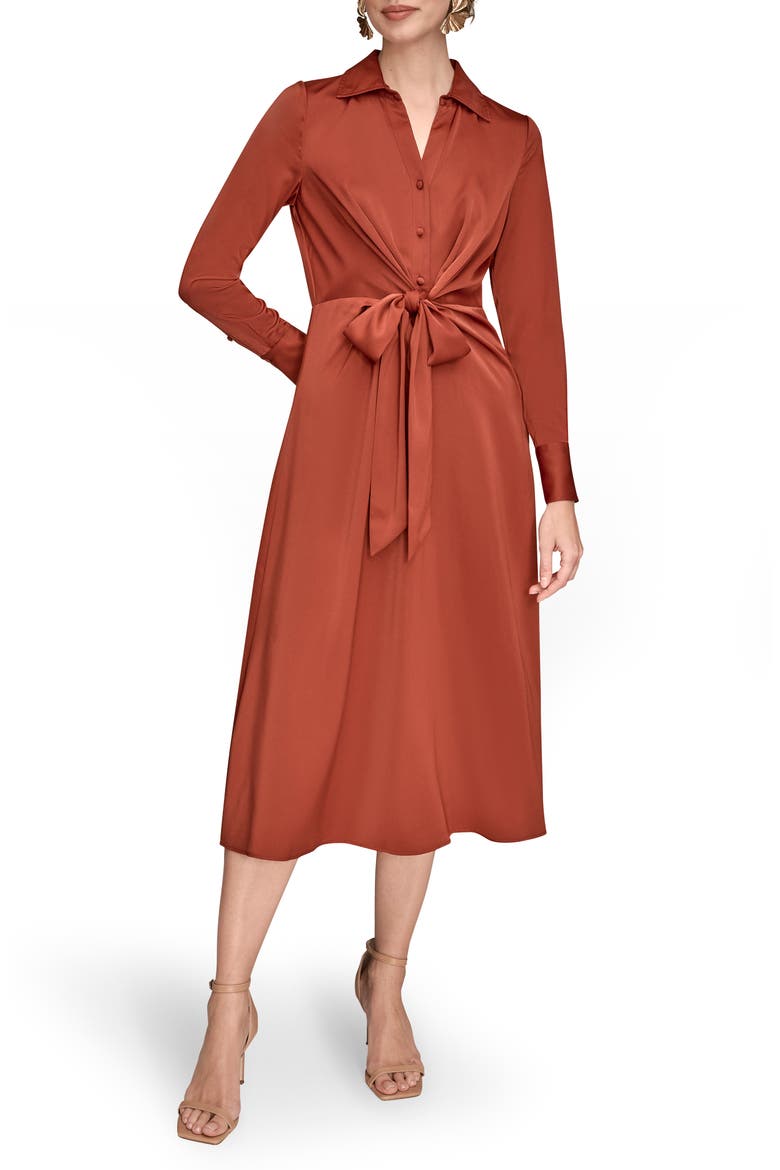 Long Sleeve Satin Midi Shirtdress, Main, color, CINNABAR