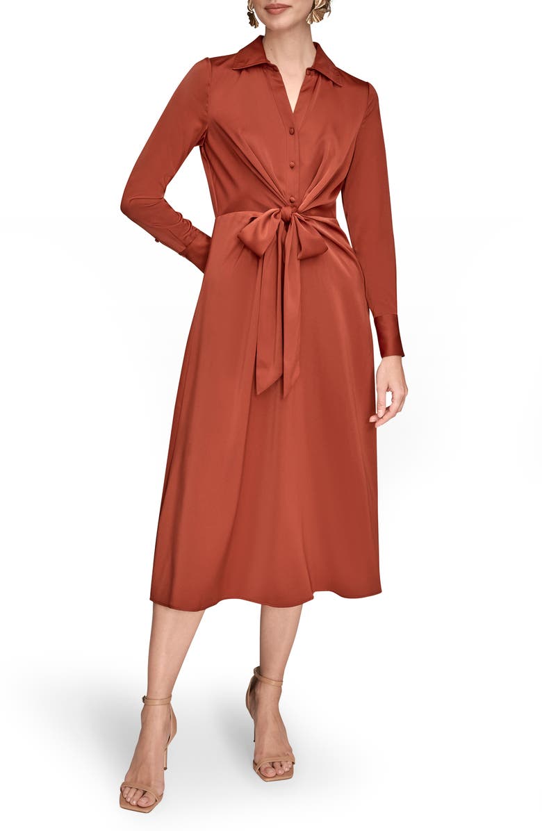 Donna Karan New York Long Sleeve Satin Midi Shirtdress, Main, color, Cinnabar