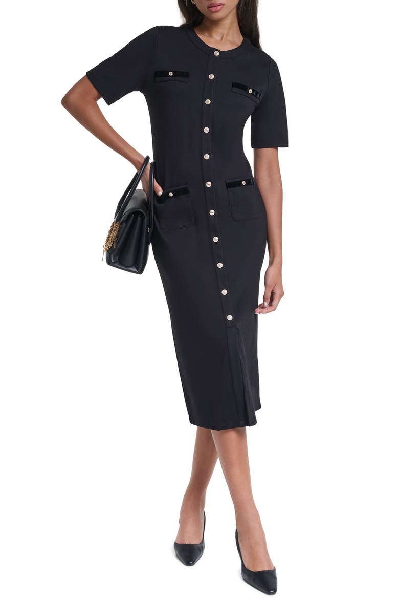 Button Front Midi Knit Dress, Alternate, color, BLACK