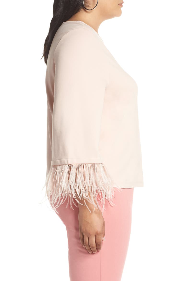 Feather Trim Ponte Top, Alternate, color, PINK SMOKE