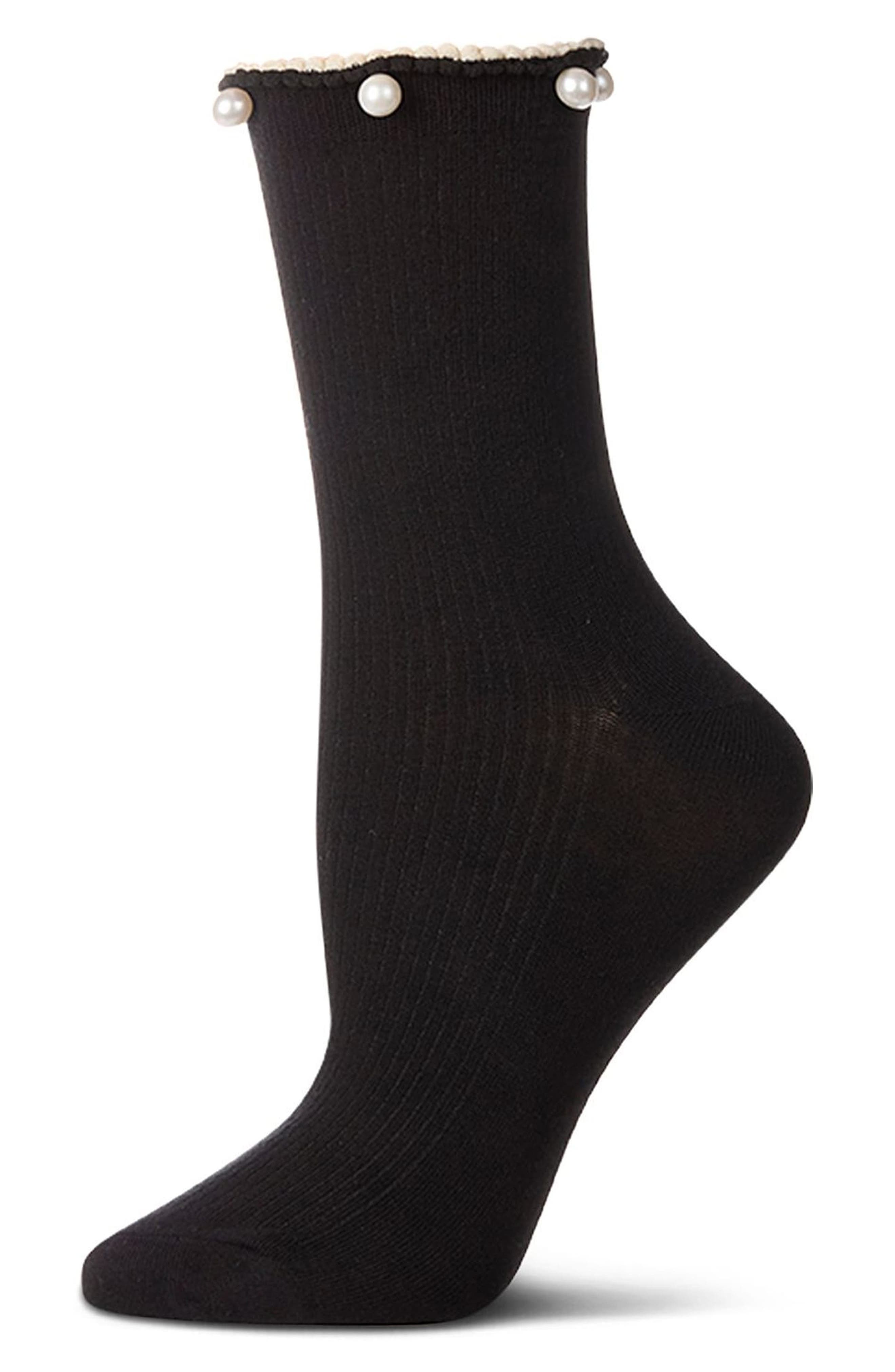 MeMoi Faux Pearl Lettuce Edge Cotton Blend Crew Socks