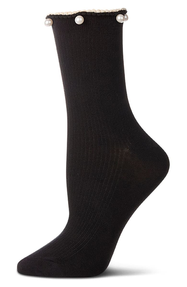 MeMoi Faux Pearl Lettuce Edge Cotton Blend Crew Socks, Main, color, Black