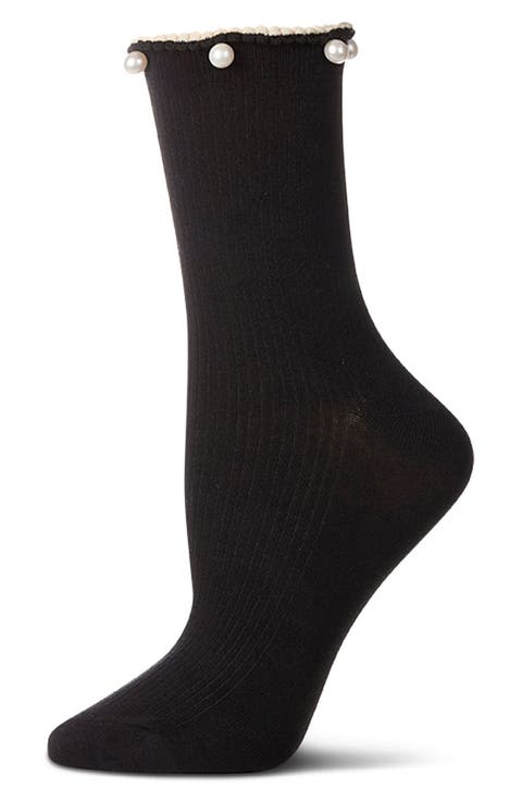 Faux Pearl Lettuce Edge Cotton Blend Crew Socks
