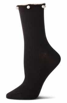 MeMoi Faux Pearl Lettuce Edge Cotton Blend Crew Socks