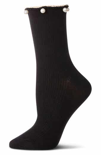 MeMoi Faux Pearl Lettuce Edge Cotton Blend Crew Socks
