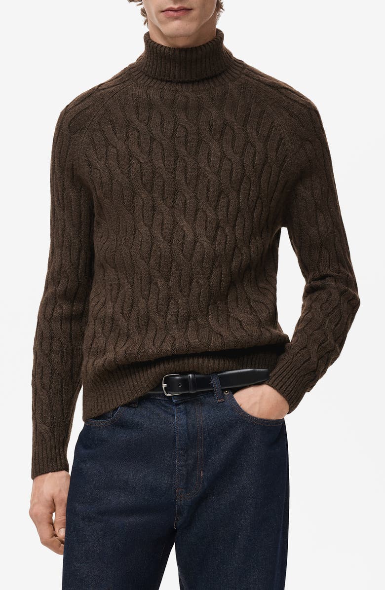 MANGO Cable Stitch Turtleneck Sweater, Main, color, Brown