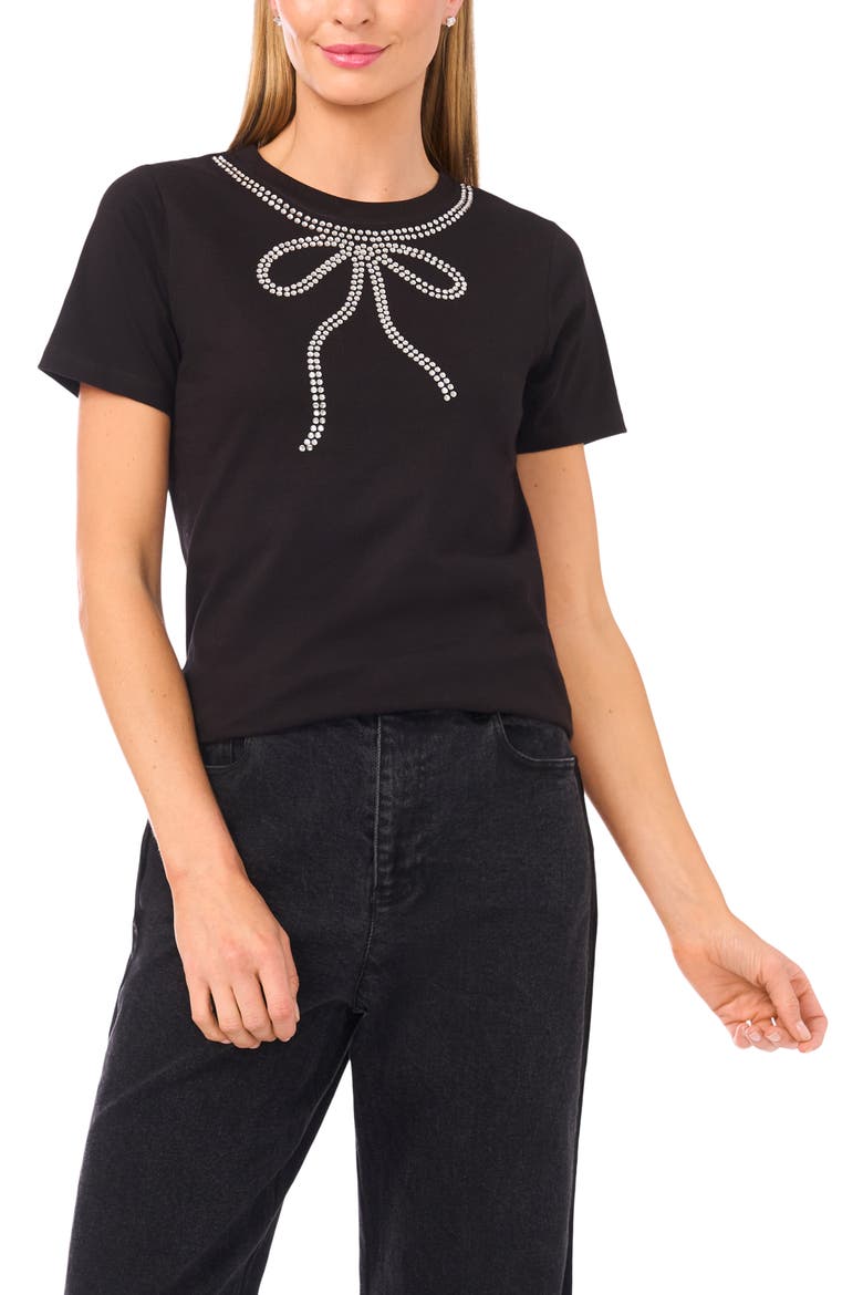Rhinestone Bow Embellished Cotton T-Shirt, Main, color, RICH BLACK