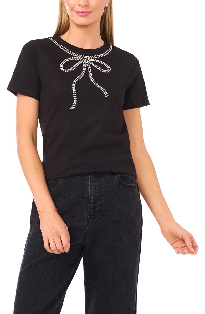 CeCe Rhinestone Bow Embellished Cotton T-Shirt, Main, color, Rich Black