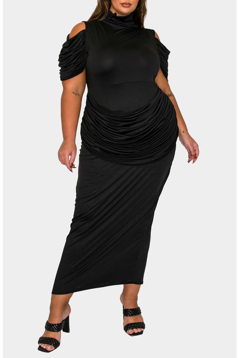 Seraphina Cold Shoulder Ruched Maxi Dress, Alternate, color, BLACK