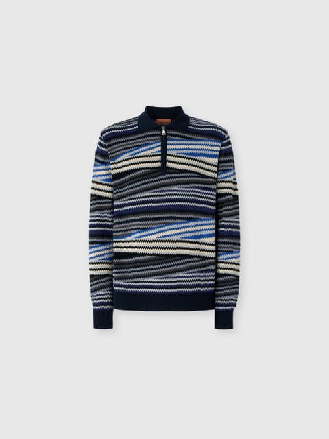 Long Sleeve Polo With Zip And Striped Zigzag Pattern