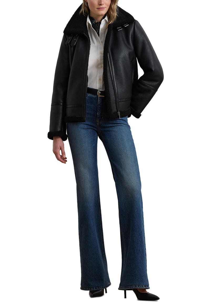 Faux Leather & Faux Shearling Bomber Jacket, Alternate, color, BLACK