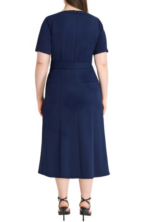 Maggy London Plus Size Short Sleeve Tie Waist Midi Dress In Blue