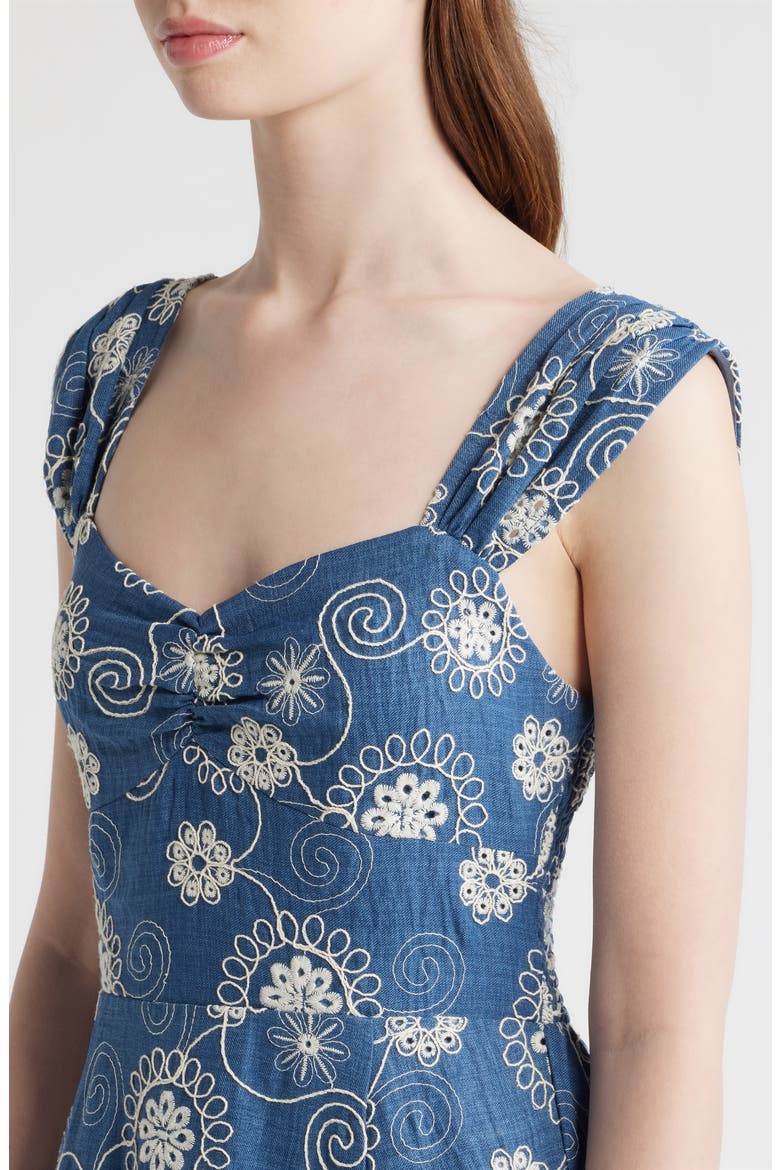 Embroidered Cap Sleeve Chambray Midi Dress, Alternate, color, DENIM