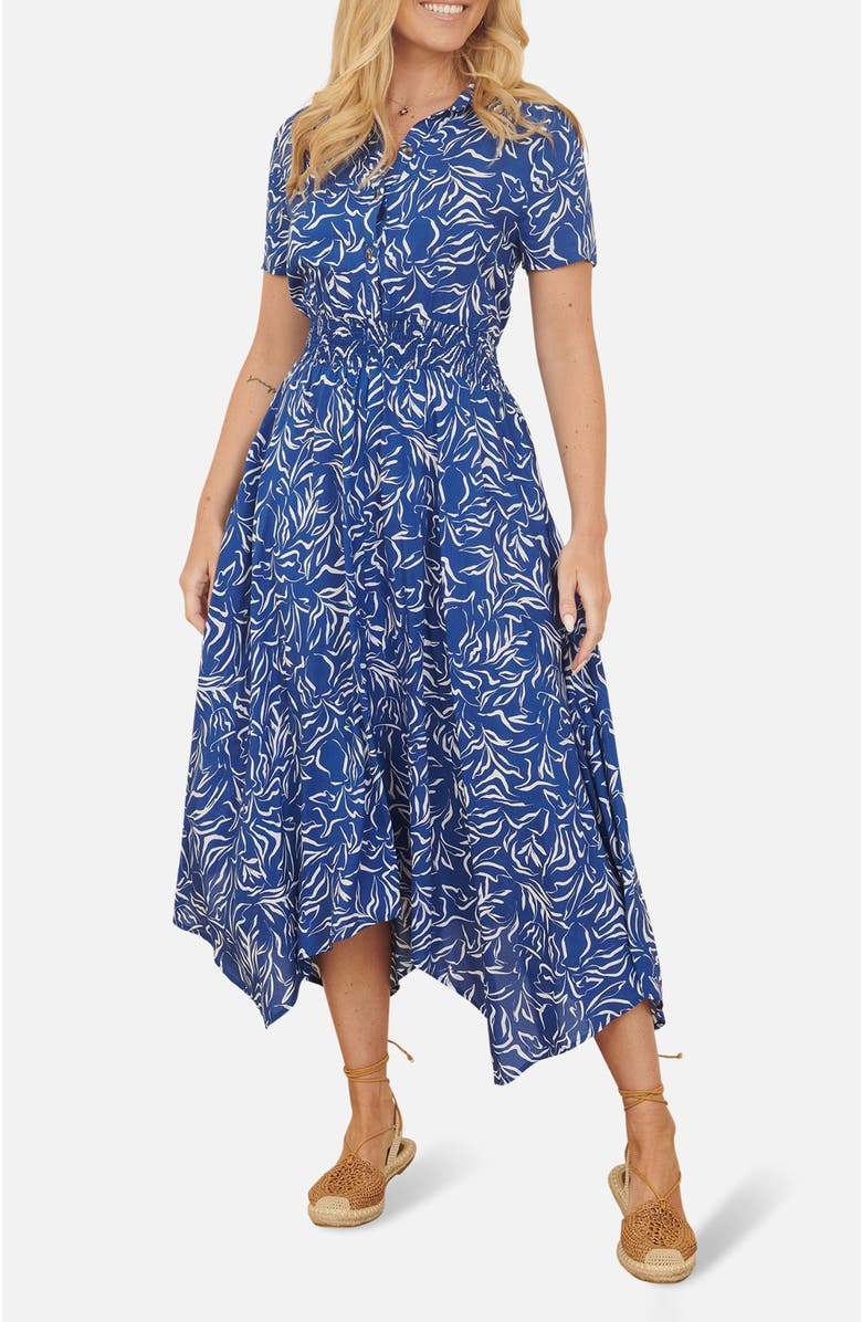 Yumi Printed Midi Ruched Shirt Dress, Alternate, color, Blue