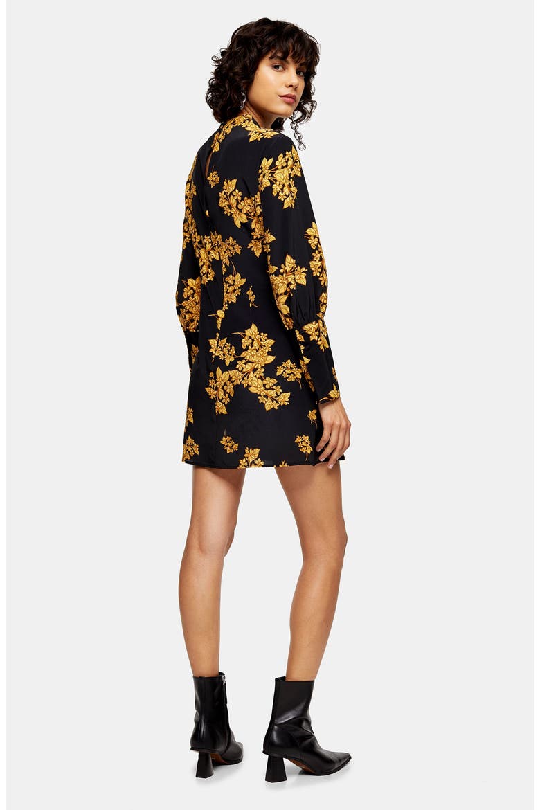 Floral Print Long Sleeve Minidress, Alternate, color, BLACK