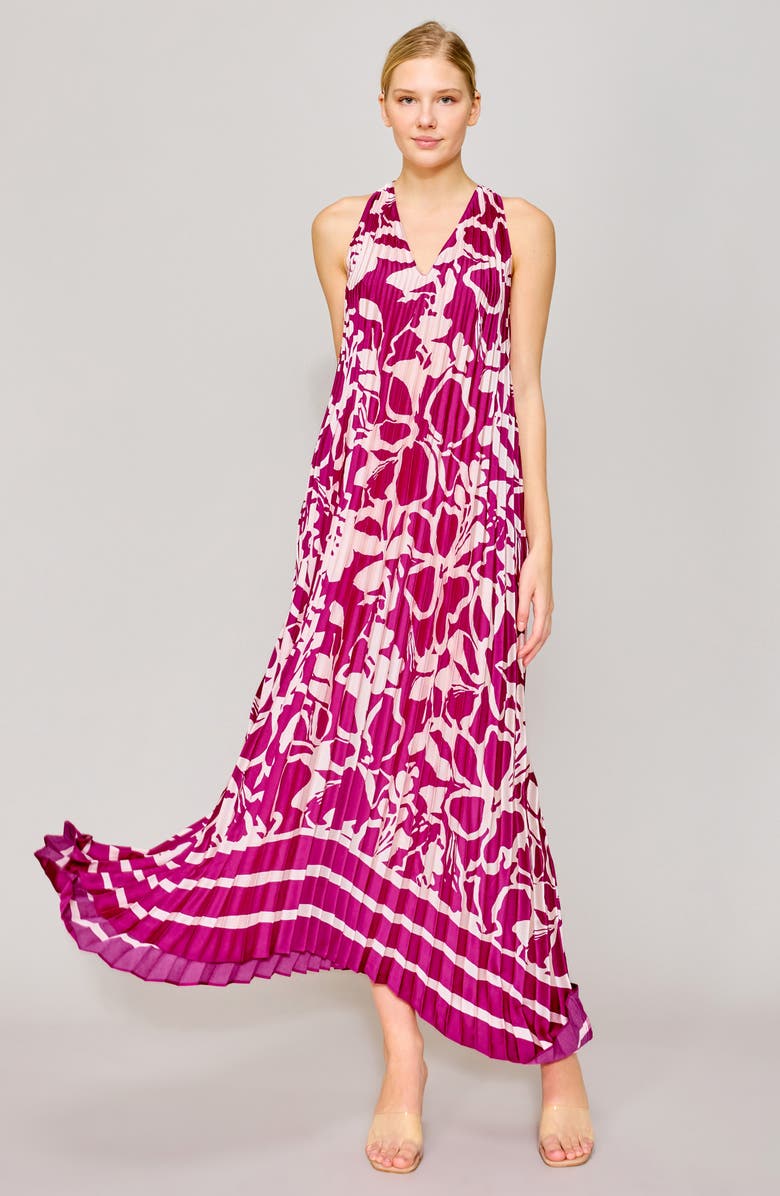 MELLODAY Pleated Floral Satin Maxi Dress, Alternate, color, Magenta/ Ivory Print