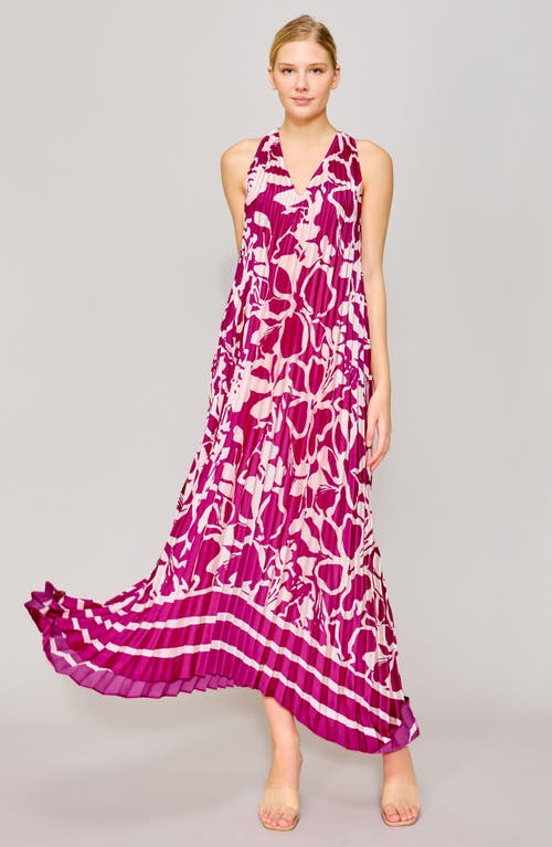 Melloday Pleated Floral Satin Maxi Dress In Magenta/ivory Print