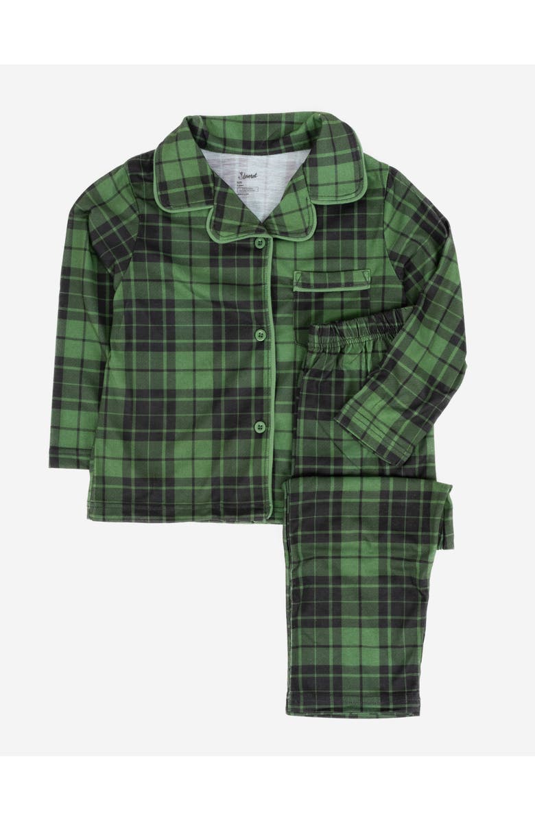 Leveret Kids Button-Front Flannel Printed Holiday Pajama Set, Main, color, Plaid Black & Green