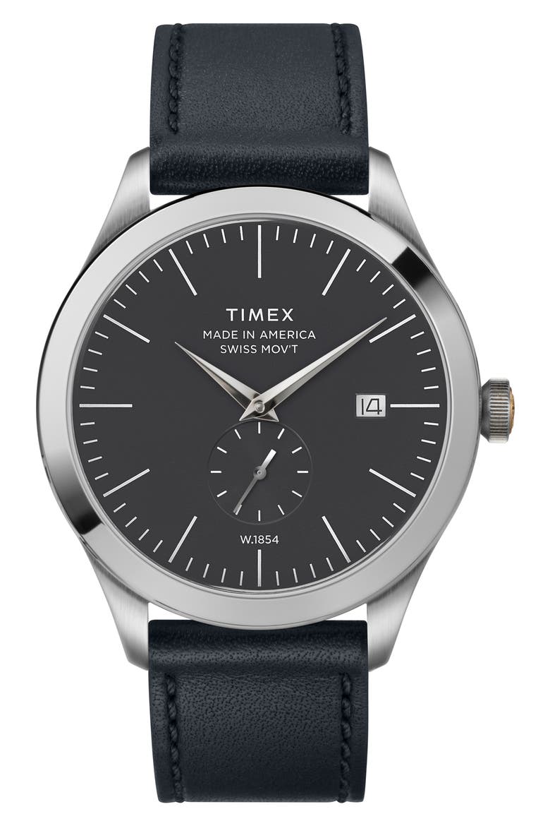 American Documentation Leather Strap Watch, 41mm, Main, color, NAVY/ BLACK/ SILVER