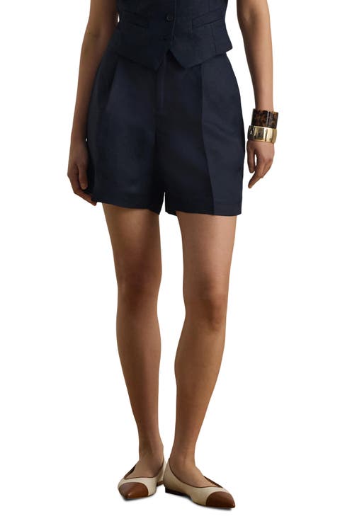 Pleated Linen Blend Twill Shorts