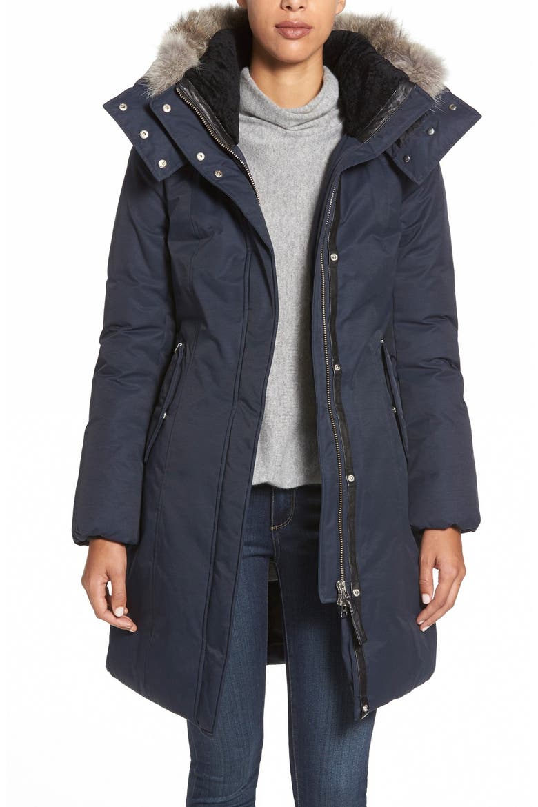 Hooded Long Down Coat with Genuine Coyote Fur & Genuine Shearling Trim, Main, color, NAVY