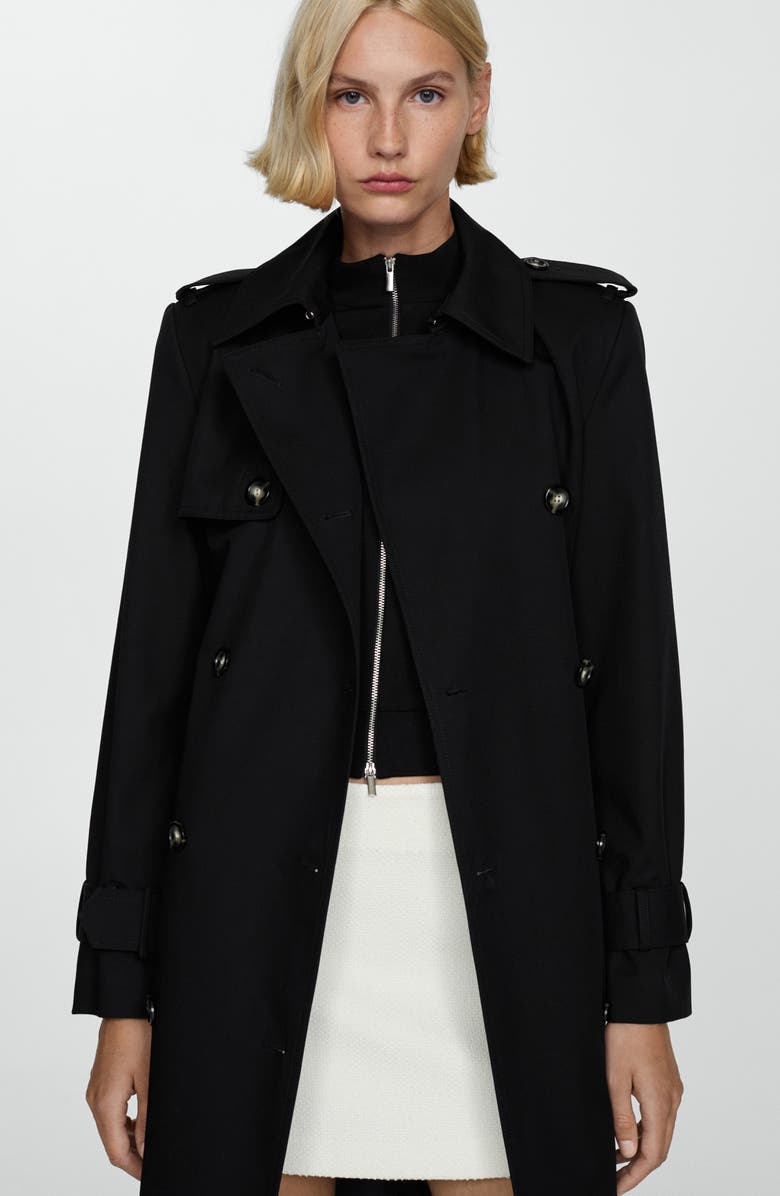 MANGO Double Breasted Cotton Trench Coat, Alternate, color, Black