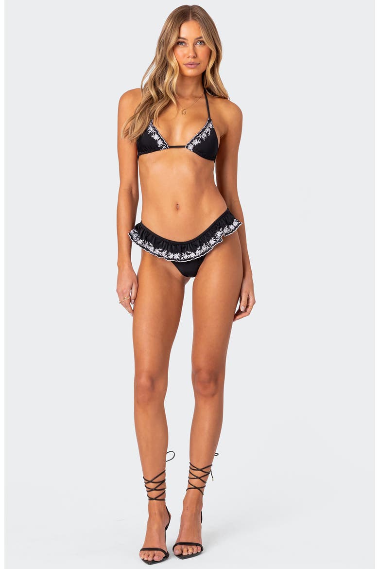 Frilly Triangle Bikini Top, Alternate, color, BLACK