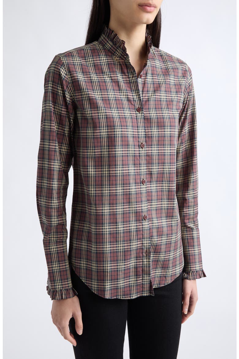 Elio Plaid Ruffle Band Collar Button-Up Shirt, Main, color, RUSTIC CHECK