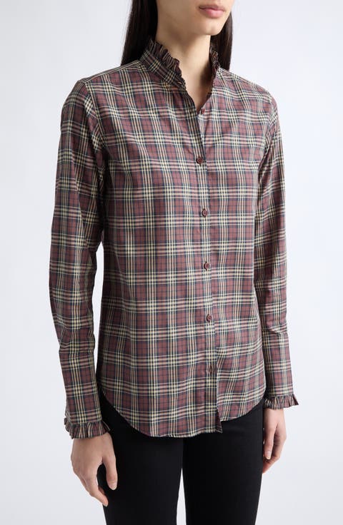 Elio Plaid Ruffle Band Collar Button-Up Shirt