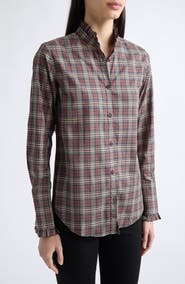 Nili Lotan Elio Plaid Ruffle Band Collar Button-Up Shirt