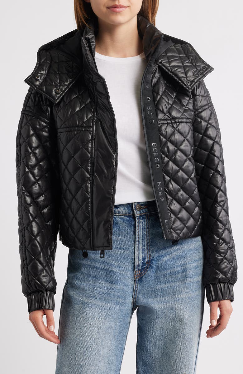 BCBGMAXAZRIA Quilted Hooded Crop Jacket, Alternate, color, Black
