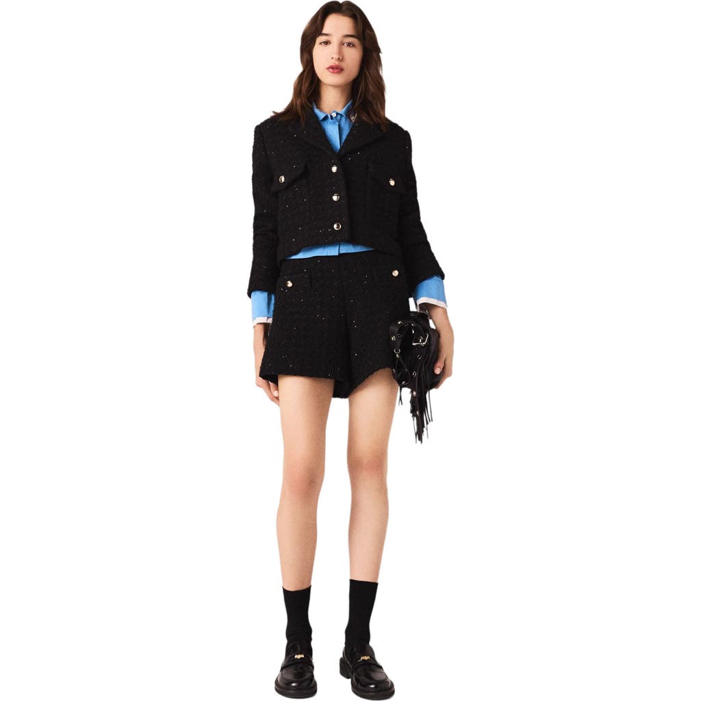 Maje Short Rhinestone Tweed Jacket In Black