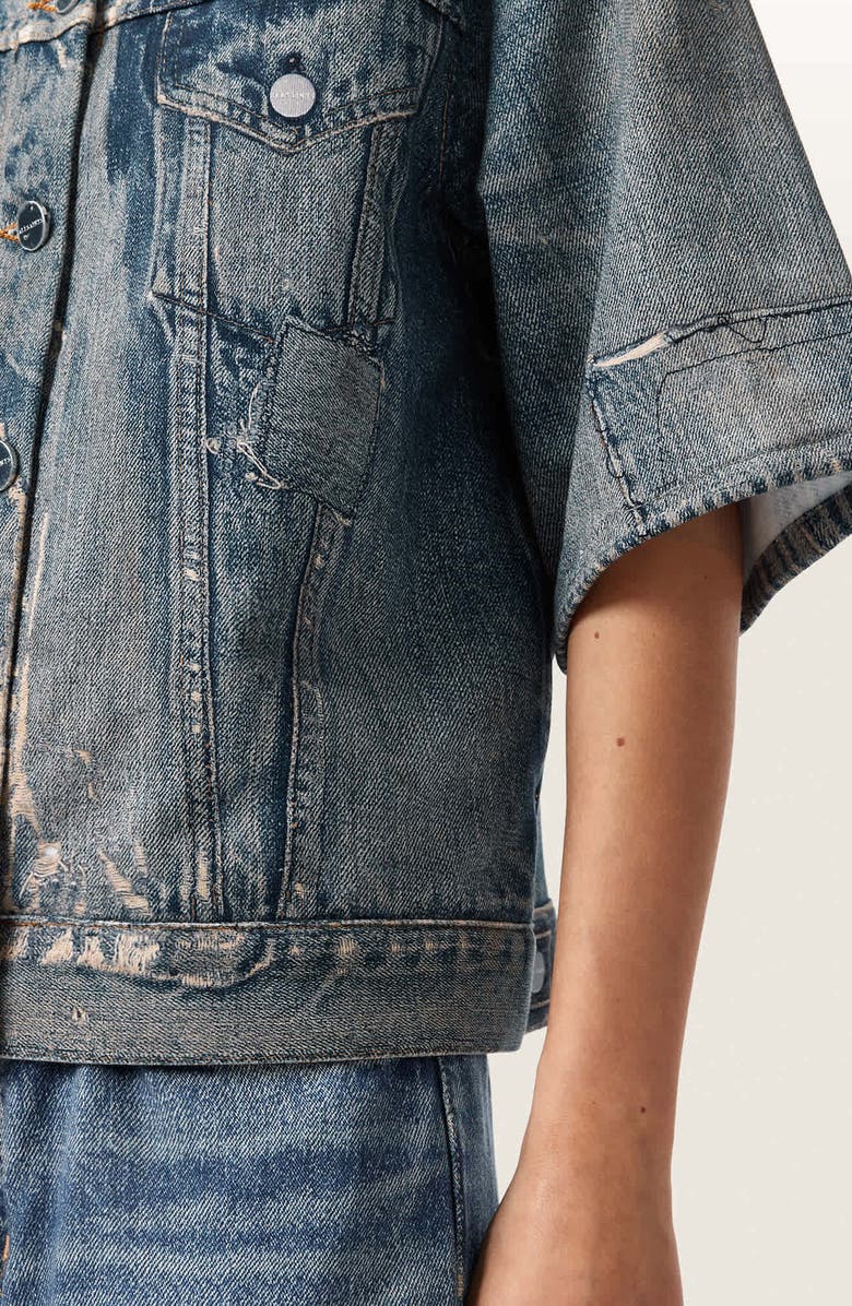 AllSaints Juni Distressed French Terry Denim Shirt, Alternate, color, Illusion Tint Blue