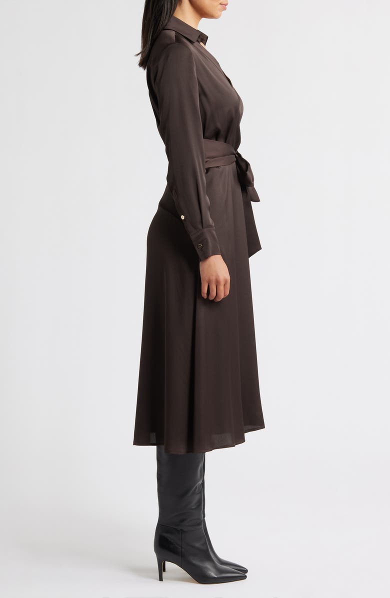 Tahari ASL Printed Long Sleeve Faux Wrap Matte Satin Shirtdress, Alternate, color, Chocolate
