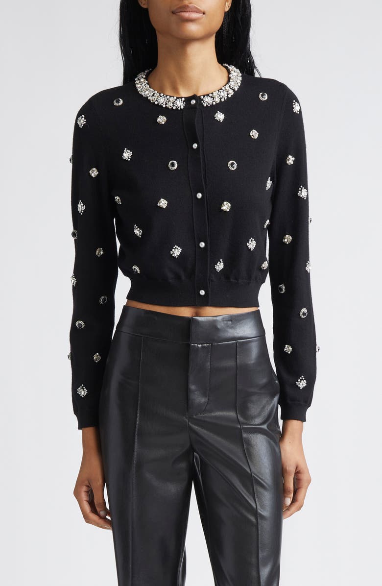 Alice + Olivia Dollie Jewel Embellished Cardigan, Main, color, Black