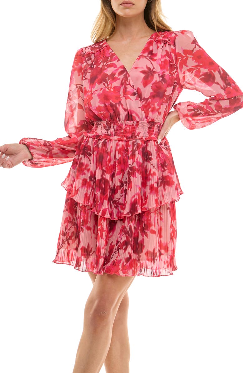 Socialite Long Sleeve Tiered Chiffon Minidress, Alternate, color, Fuschia/ Pink