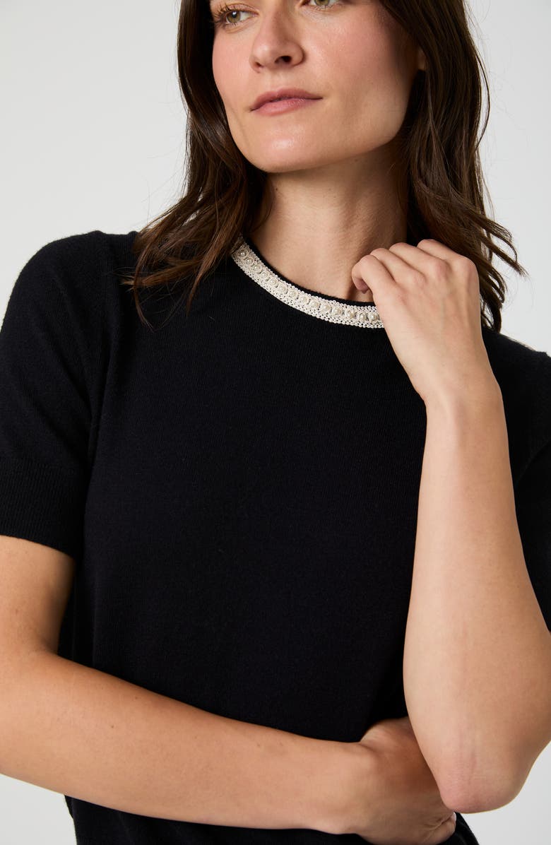 French Connection Faux Pearl Trim Short Sleeve Sweater, Alternate, color, Black/ Cream