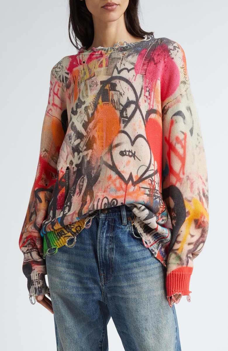 R13 Graffiti Print Distressed Cotton Sweater, Main, color, 