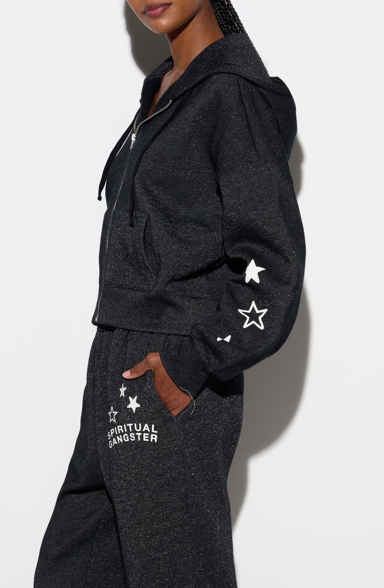 Spiritual Gangster Luna Shimmer Cotton Blend Zip Graphic Hoodie, Alternate, color, Black