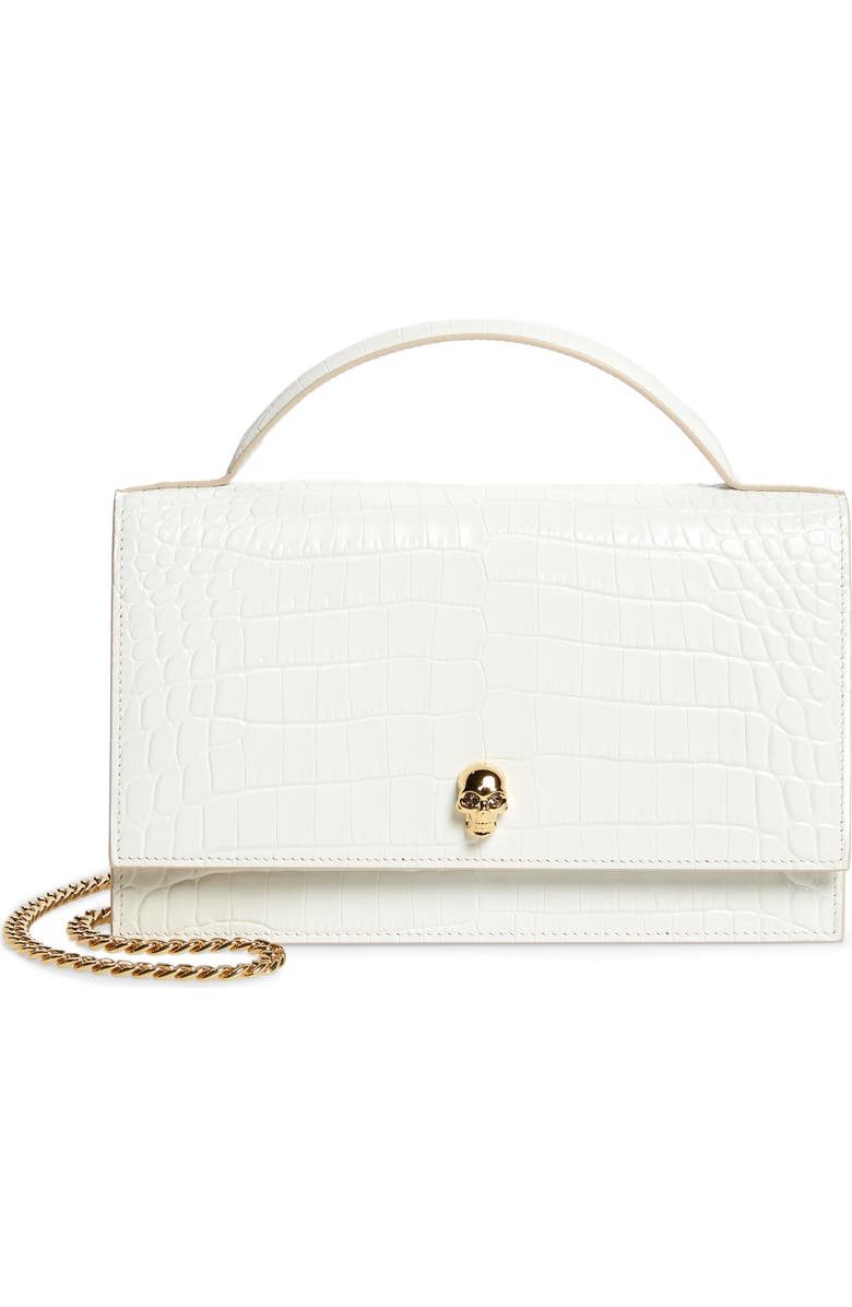 McQueen Medium Skull Croc Embossed Leather Crossbody Bag, Main, color, Deep Ivory